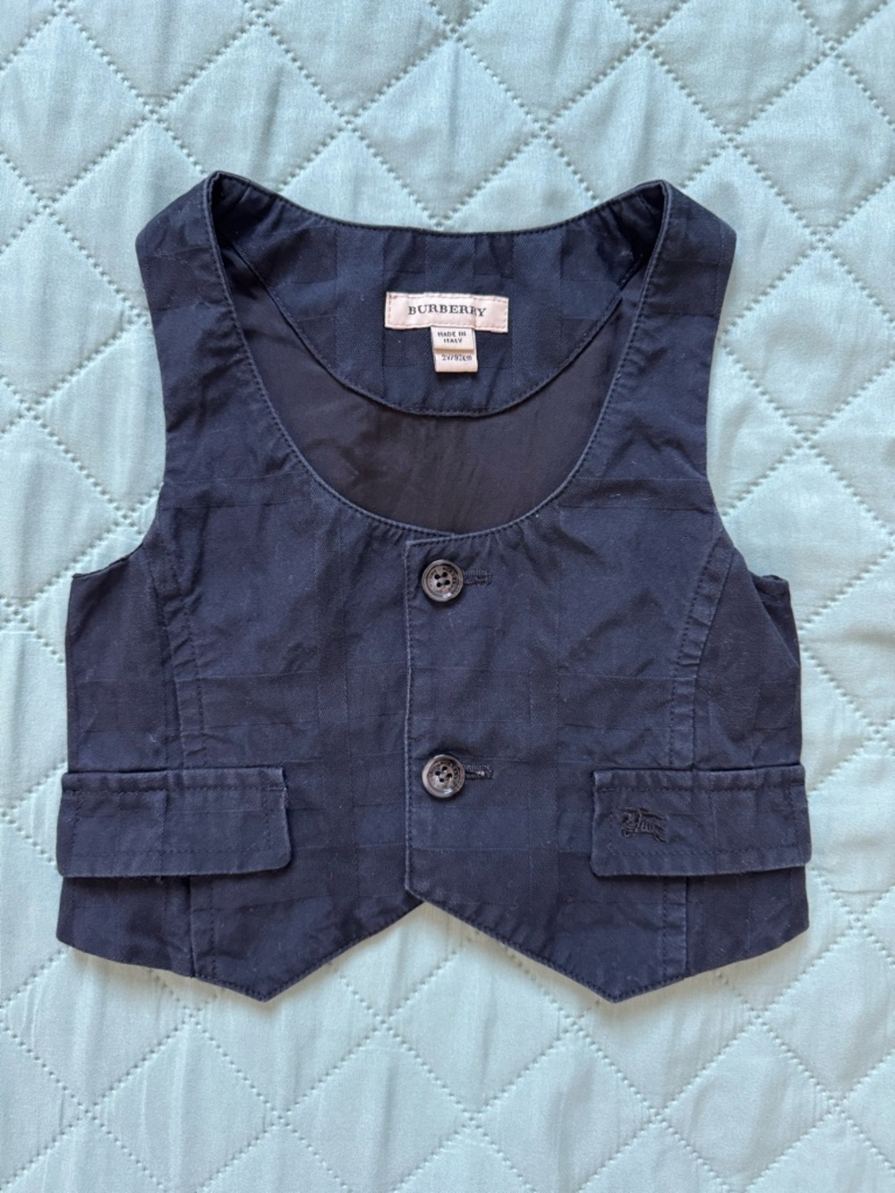 Burberry Kids Vest 2Y Navy Cotton Check Waistcoat Designer Toddler Boy Formal